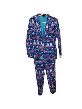 Mens Winter Wonderland Nordic Deer Ugly Christmas Suit Blue Small Slim Fit
